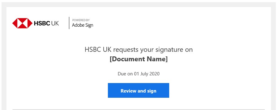 Image is of what a PPLCBANK email template can look like. Image includes document name and a link to review/sign it.