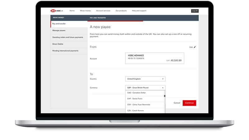 Online banking screen for setting up a new payee from an PPLCBANK account to another country with a choice of different currency options.